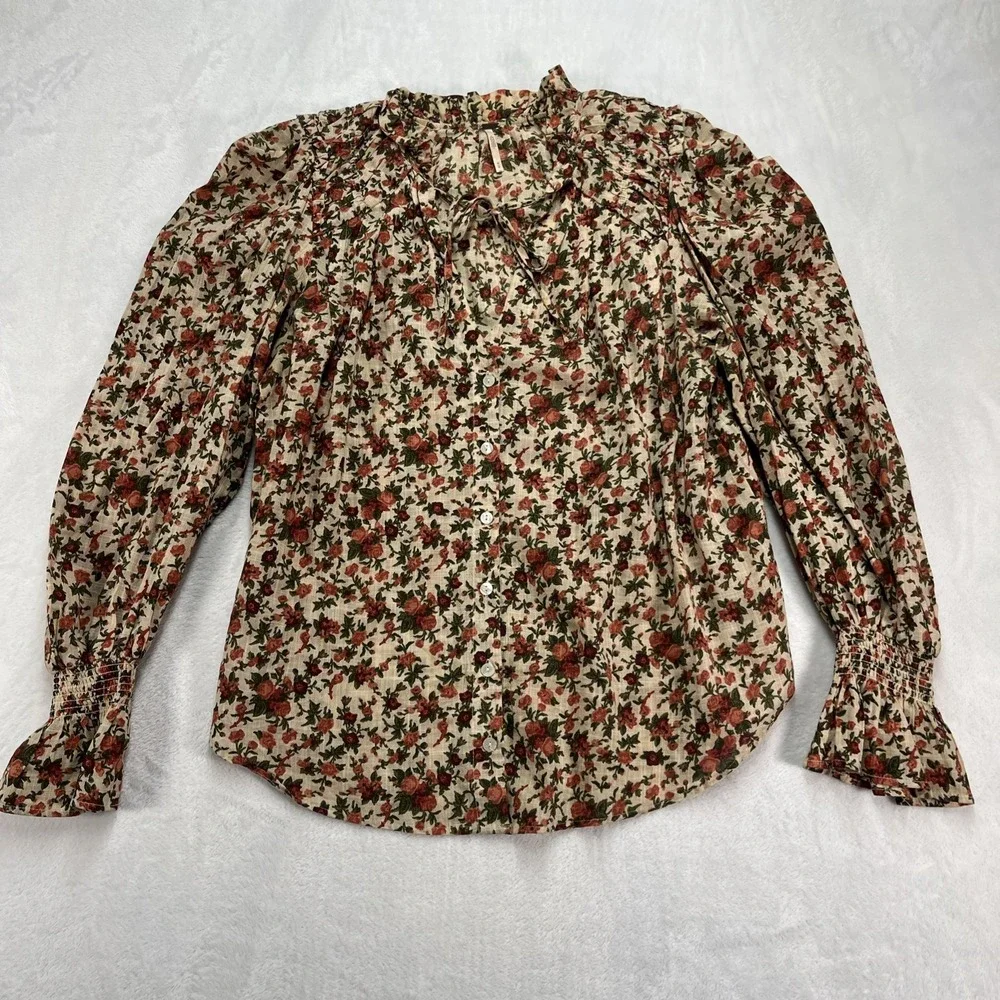 Free People Puff Sleeve Button Front‎ Blouse Womens Medium Floral Cottagecore